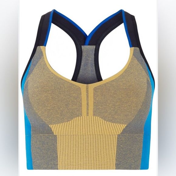 LNDR Trigger Mustard Sports Bra Color Block Blue Razorback Size Medium/Large - Picture 3 of 11